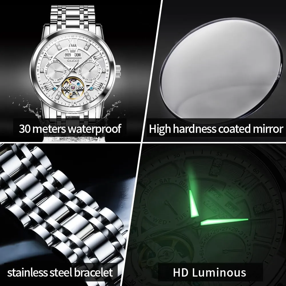 OLEVS Automatic Watches for Men Self Winding Mechanical Skeleton Luxury Dress Stainless Steel Diamond Men Wrist Watches