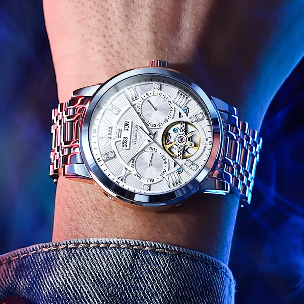 OLEVS Automatic Watches for Men Self Winding Mechanical Skeleton Luxury Dress Stainless Steel Diamond Men Wrist Watches