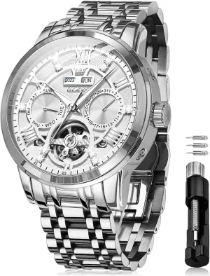 OLEVS Automatic Watches for Men Self Winding Mechanical Skeleton Luxury Dress Stainless Steel Diamond Men Wrist Watches