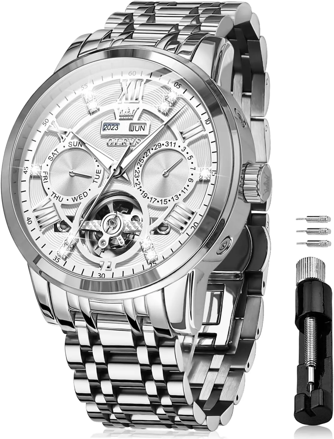 OLEVS Automatic Watches for Men Self Winding Mechanical Skeleton Luxury Dress Stainless Steel Diamond Men Wrist Watches