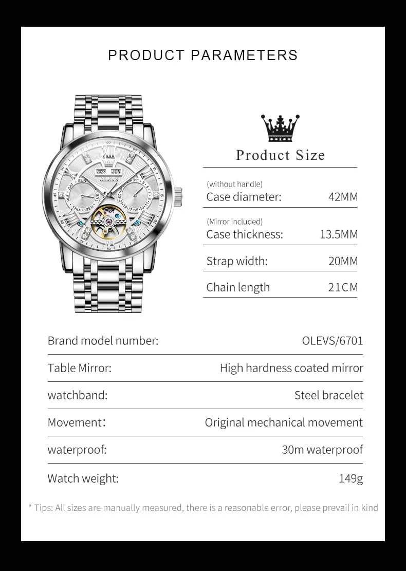 OLEVS Automatic Watches for Men Self Winding Mechanical Skeleton Luxury Dress Stainless Steel Diamond Men Wrist Watches