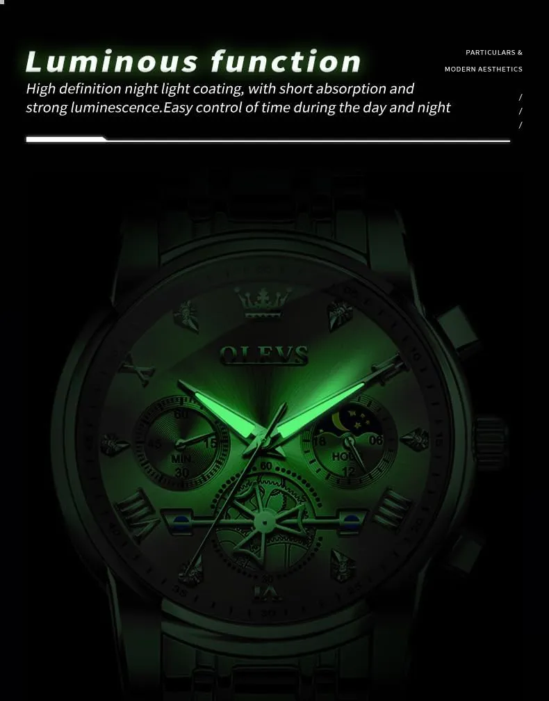 OLEVS Men Skeleton Watches Stainless Steel Analog Quartz Moon Phase Male Watch, Diamond Multi Calendar Chronograph Watch,Waterproof Wrist Watch for Men