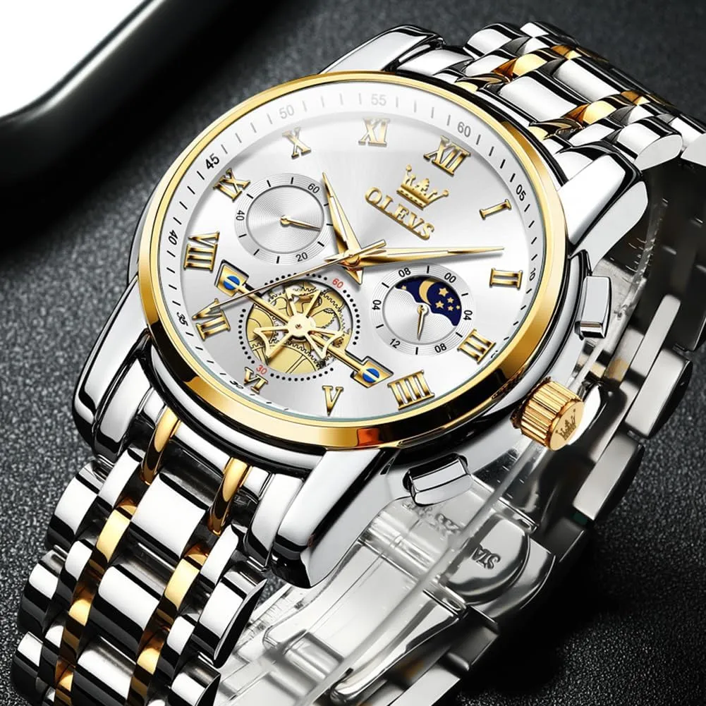 OLEVS Men Watches Square Business Dress Diamond Analog Quartz Date Luxury Watch for Men Casual Stainless Steel Waterproof Luminous Two Tone Wrist Watch