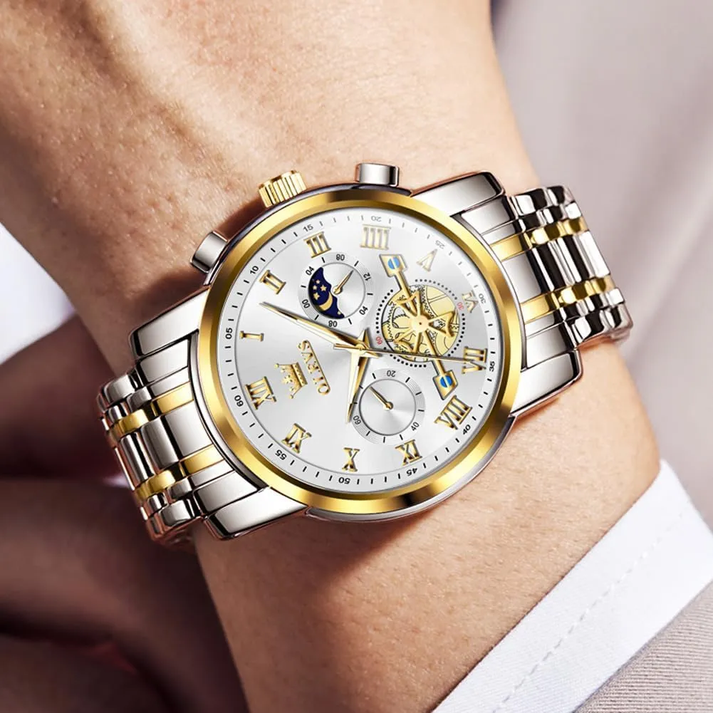 OLEVS Men Watches Square Business Dress Diamond Analog Quartz Date Luxury Watch for Men Casual Stainless Steel Waterproof Luminous Two Tone Wrist Watch
