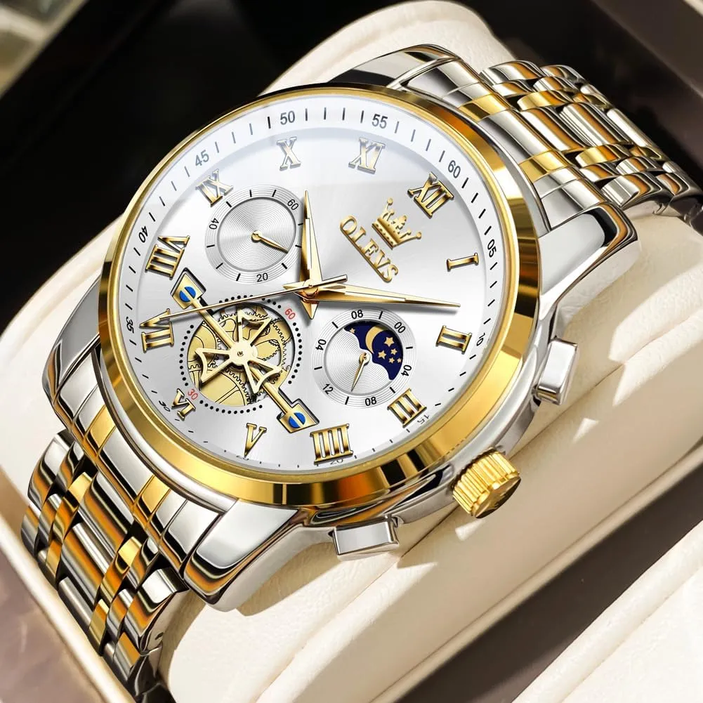 OLEVS Men Watches Square Business Dress Diamond Analog Quartz Date Luxury Watch for Men Casual Stainless Steel Waterproof Luminous Two Tone Wrist Watch