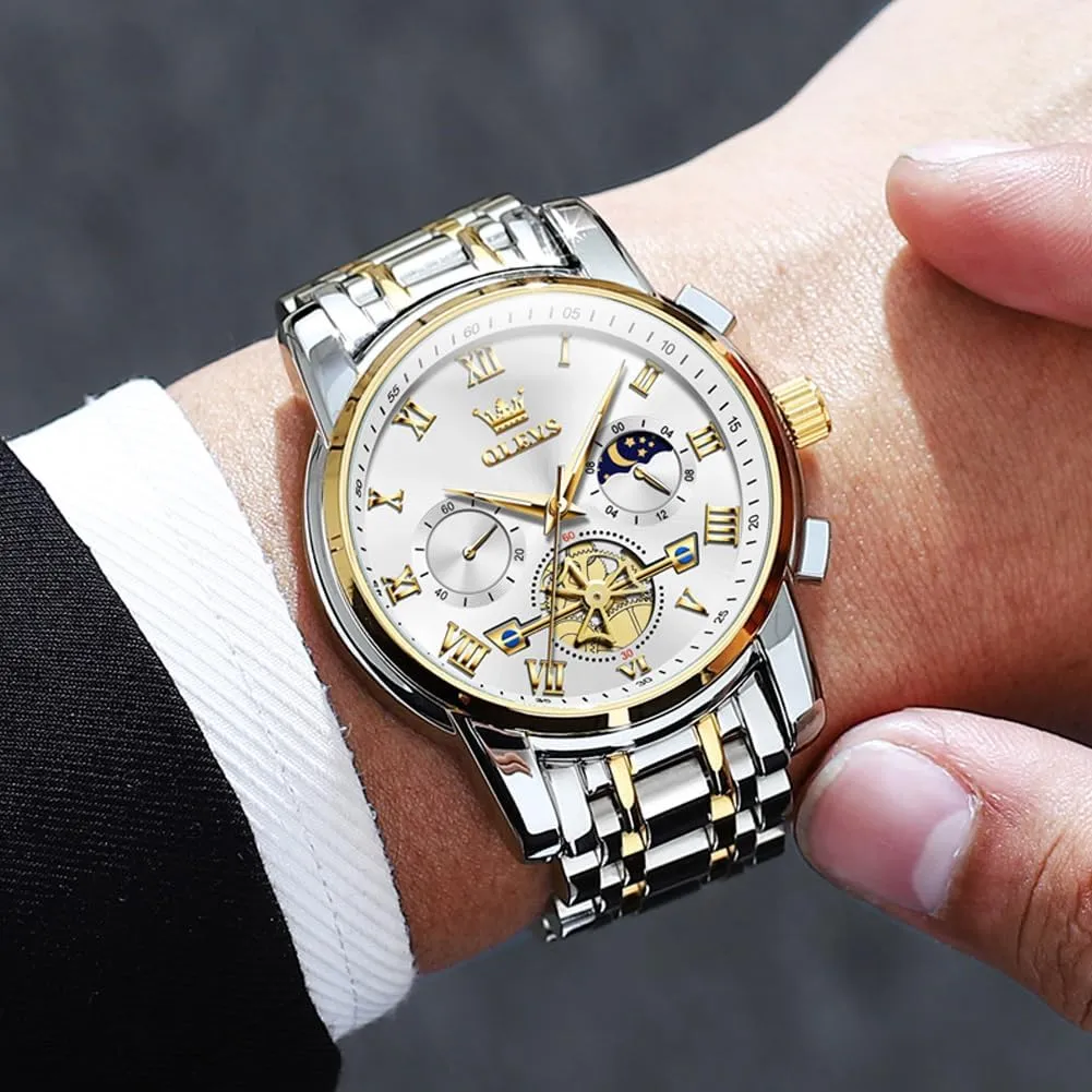 OLEVS Men Watches Square Business Dress Diamond Analog Quartz Date Luxury Watch for Men Casual Stainless Steel Waterproof Luminous Two Tone Wrist Watch