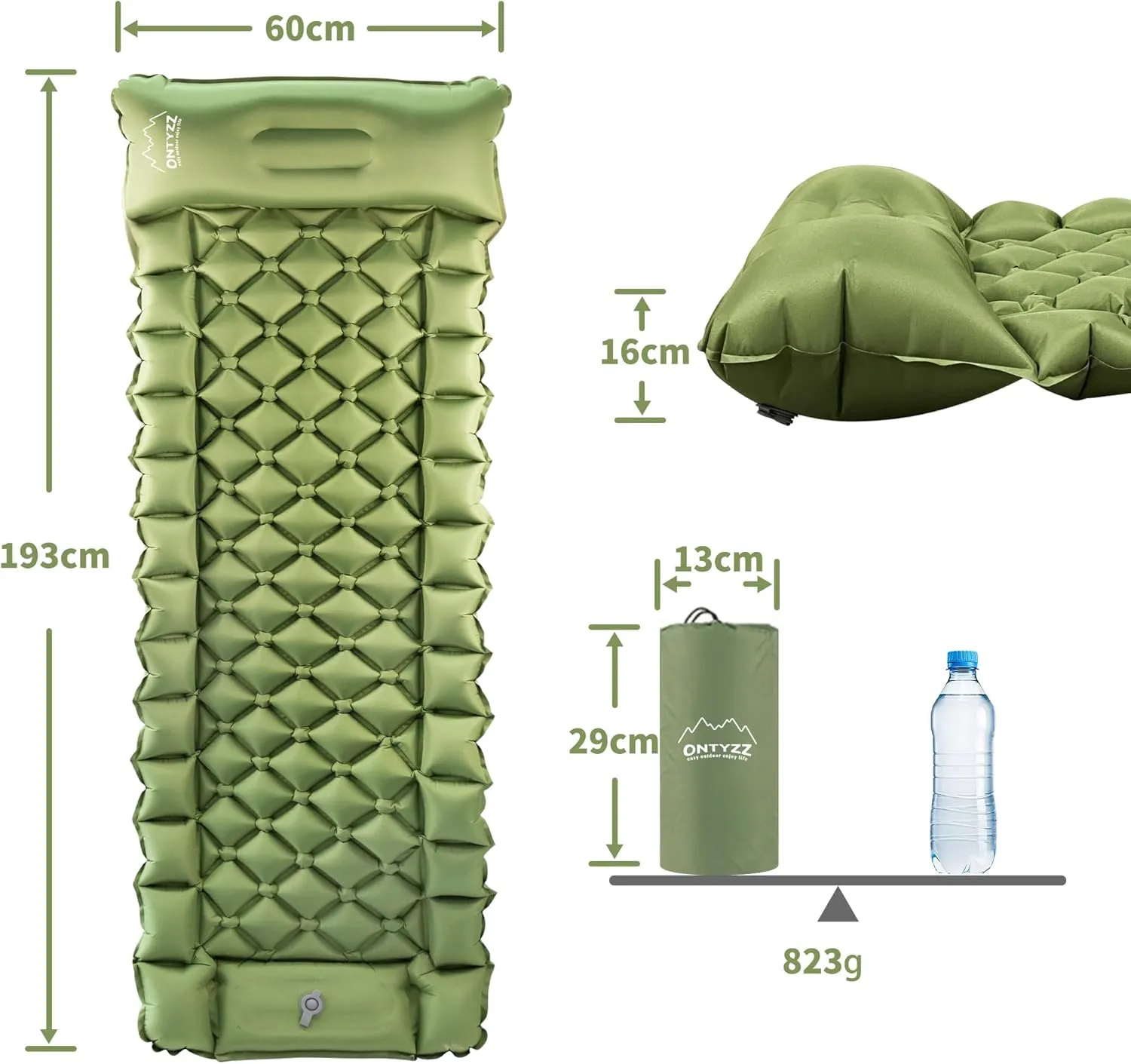 ONTYZZ Ultralight Inflatable Sleeping Pad with Built-in Foot Pump, Upgraded Durable Compact Camping Air Pad for Hiking Traveling, Green