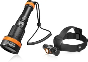 ORCATORCH ZD710 2700 Lumen Zoomable Diving Flashlight & TD01 Diving Headlamp Dual-Color (White/Red) Bundle