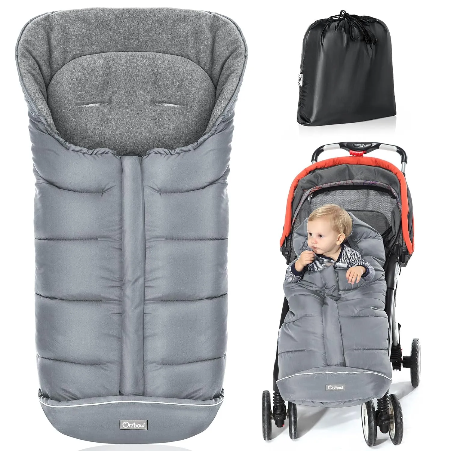 Orzbow Universal Footmuff for Stroller, Winter Warm Baby Stroller Bunting Bag, Waterproof Windproof Warm Polar Fleece Lined for Toddler Stroller Sleeping Bag, Grey