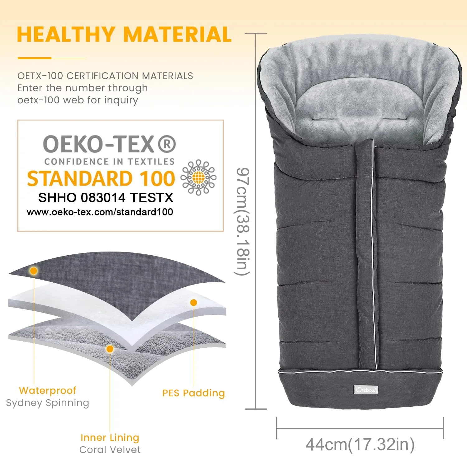 Orzbow Warm Bunting Bag Universal,Stroller Sleeping Bag Cold Weather,Waterproof Toddler Footmuff (Dark Grey, Large)