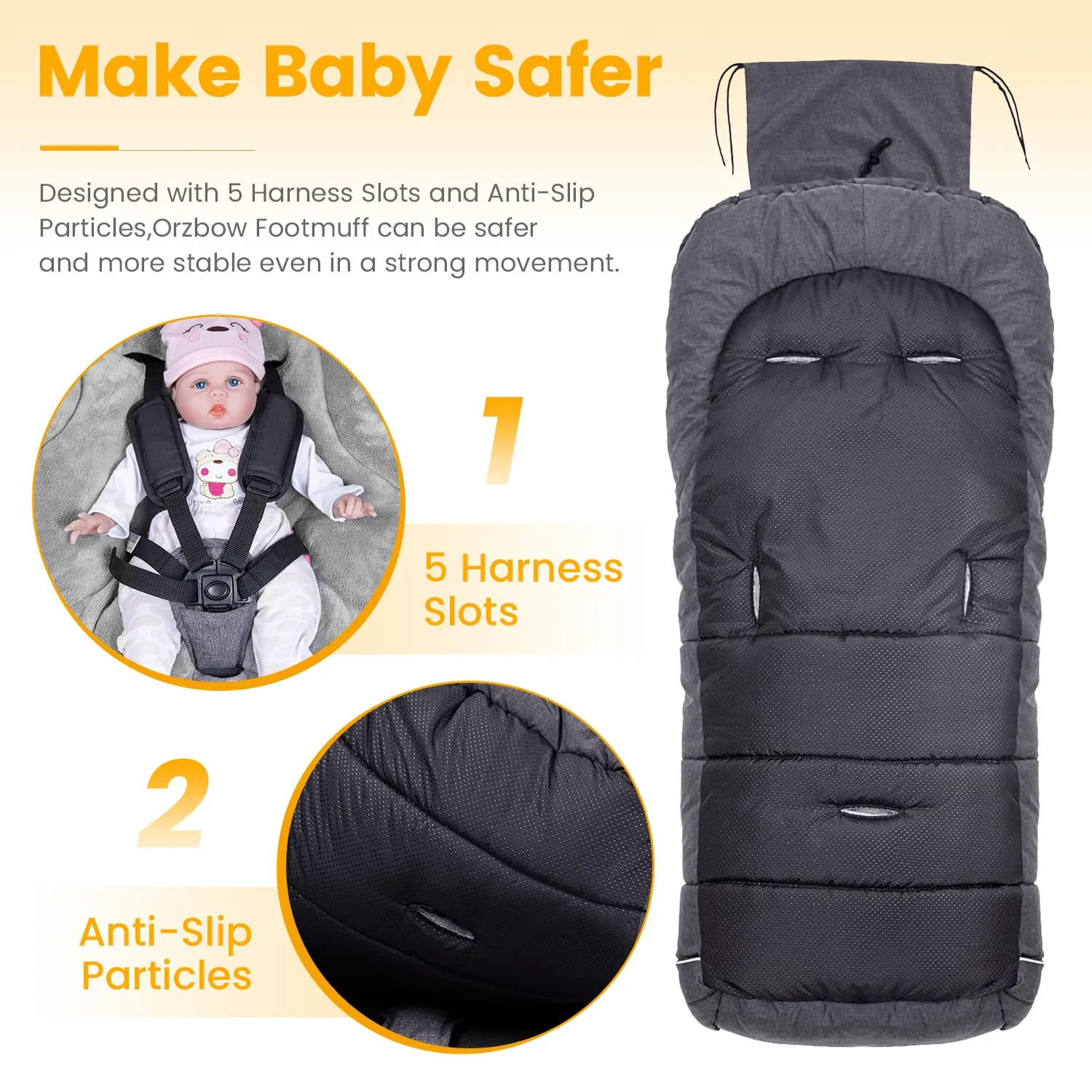 Orzbow Warm Bunting Bag Universal,Stroller Sleeping Bag Cold Weather,Waterproof Toddler Footmuff (Dark Grey, Large)