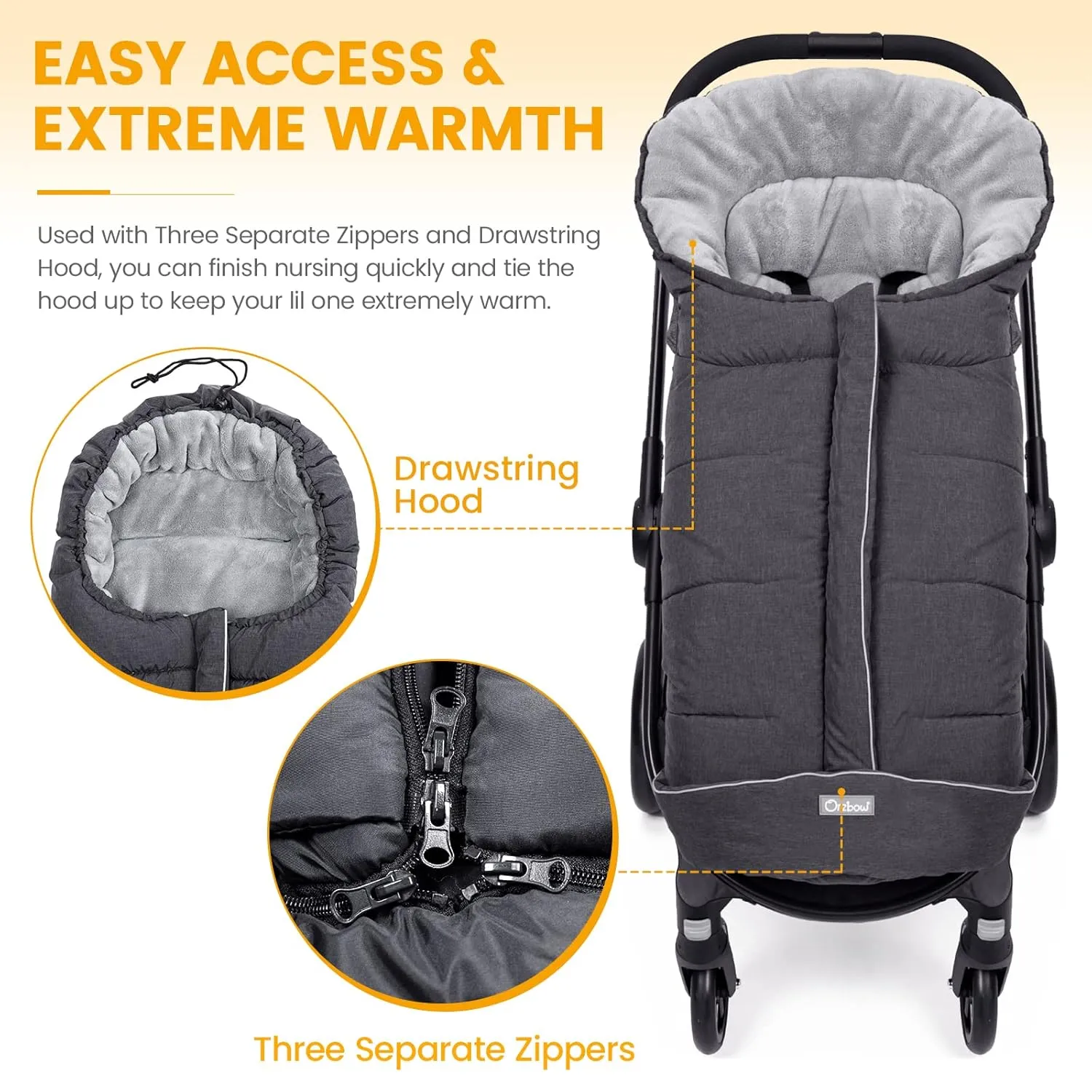 Orzbow Warm Bunting Bag Universal,Stroller Sleeping Bag Cold Weather,Waterproof Toddler Footmuff (Dark Grey, Large)