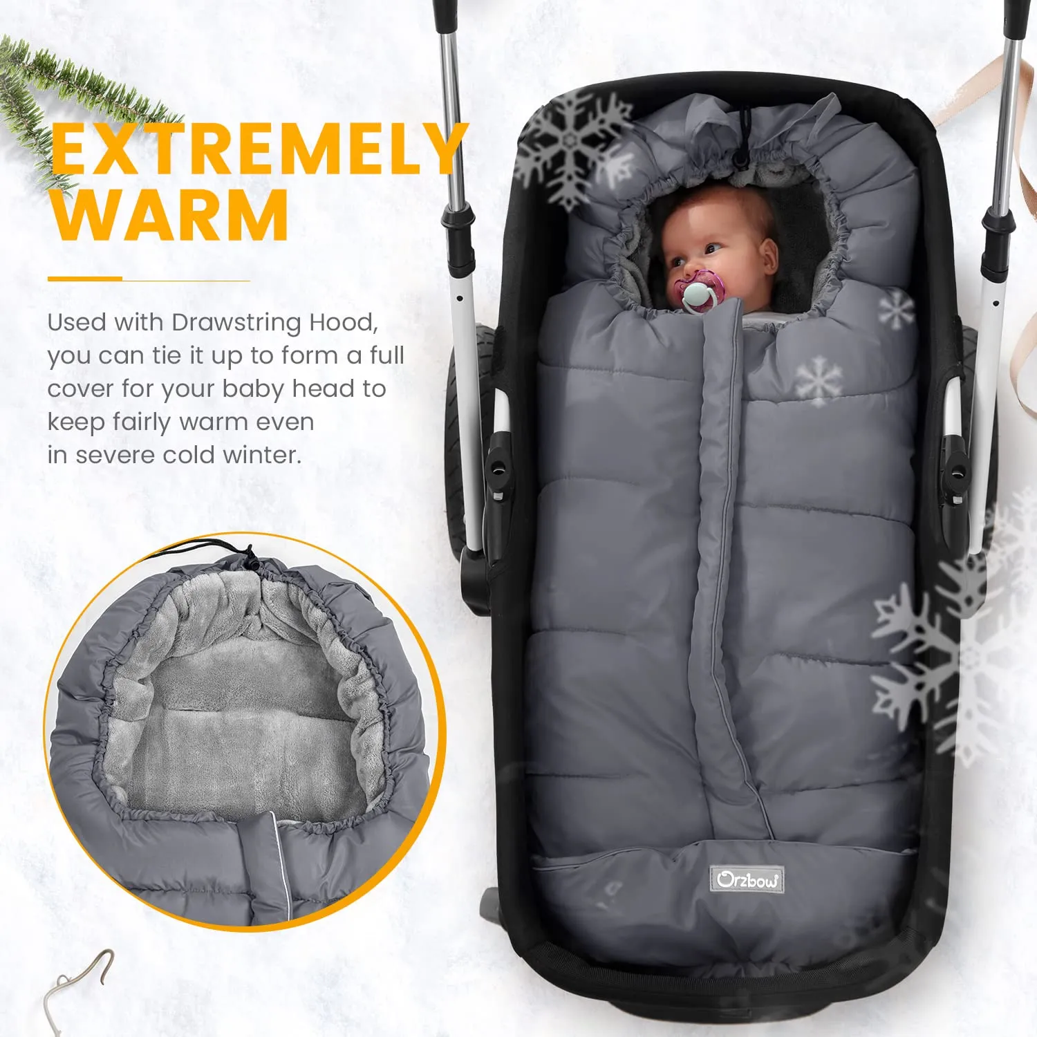 Orzbow Warm Bunting Bag Universal,Stroller Sleeping Bag Cold Weather,Waterproof Toddler Footmuff (Grey, Large)