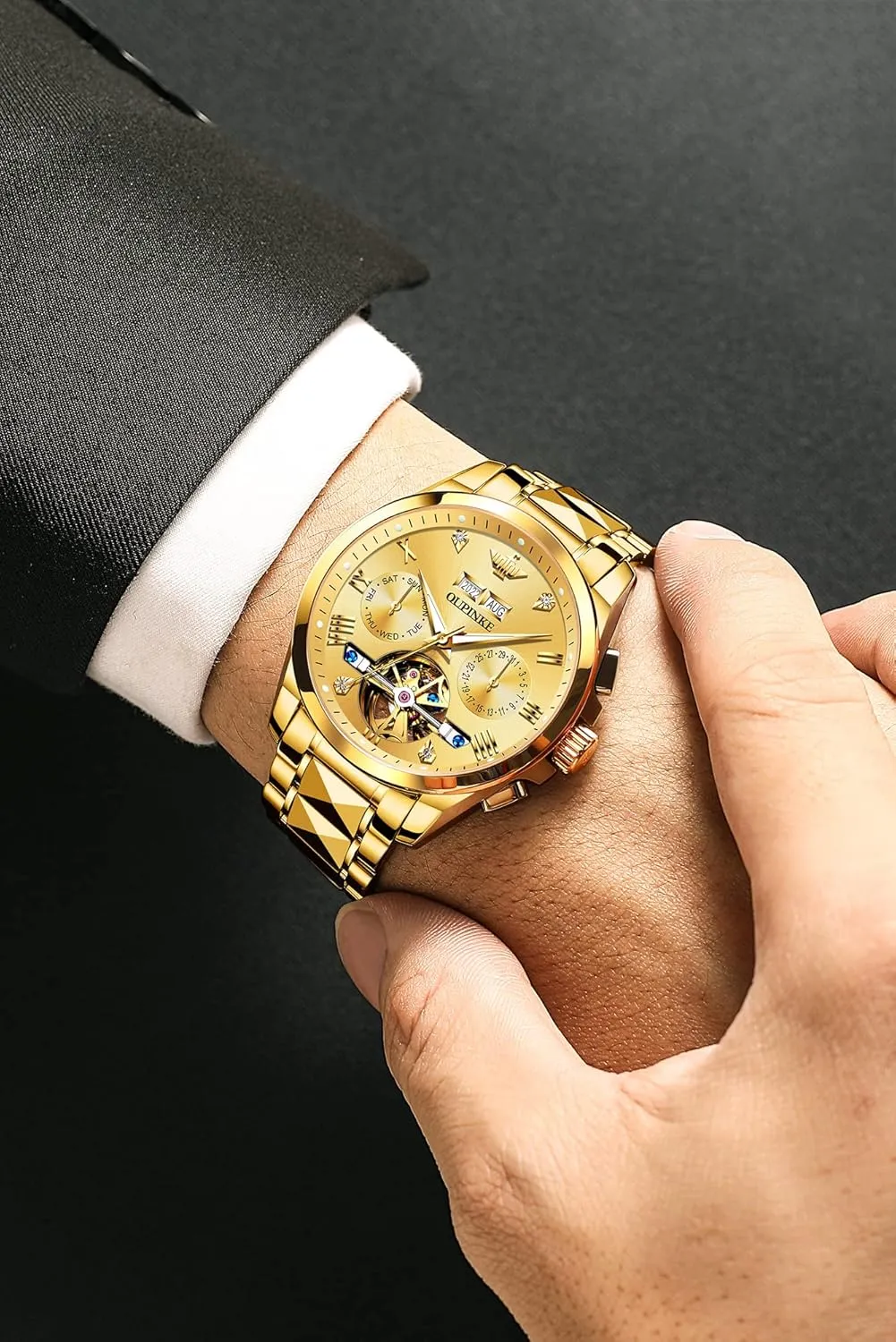 OUPINKE Black Men Automatic Mechanical Wrist Watches Luxury Dress Tungsten Steel Luminous Waterproof Sapphire Diamond Calendar Best Gifts Men…