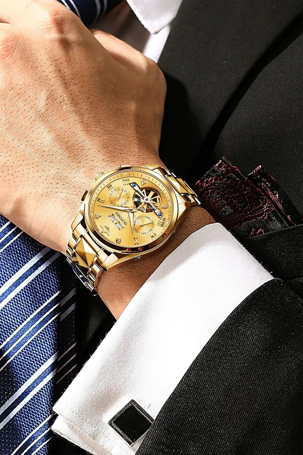 OUPINKE Black Men Automatic Mechanical Wrist Watches Luxury Dress Tungsten Steel Luminous Waterproof Sapphire Diamond Calendar Best Gifts Men…