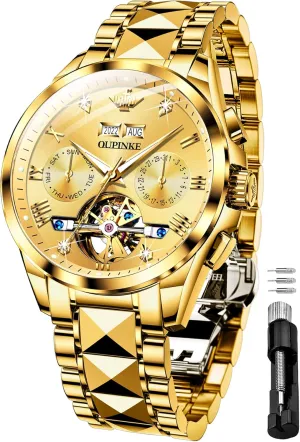 OUPINKE Black Men Automatic Mechanical Wrist Watches Luxury Dress Tungsten Steel Luminous Waterproof Sapphire Diamond Calendar Best Gifts Men…