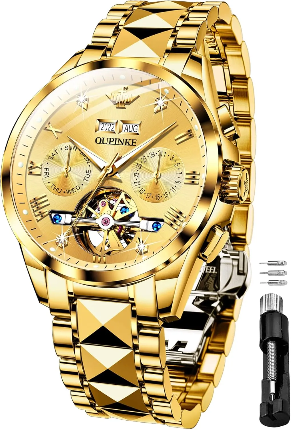 OUPINKE Black Men Automatic Mechanical Wrist Watches Luxury Dress Tungsten Steel Luminous Waterproof Sapphire Diamond Calendar Best Gifts Men…