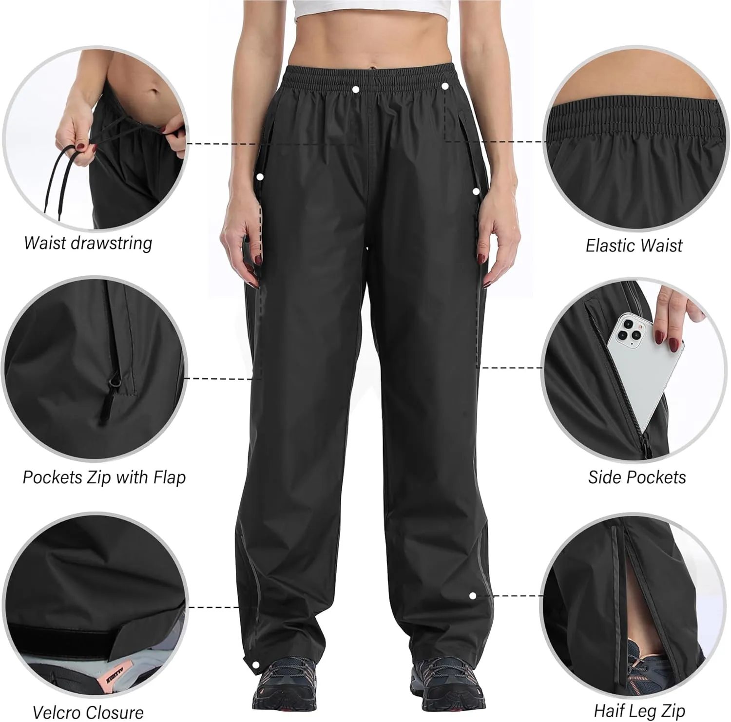 Ourcan Rain Pants Women Waterproof Pants Lightweight Breathable Hiking Cycling Outdoor with Pocket