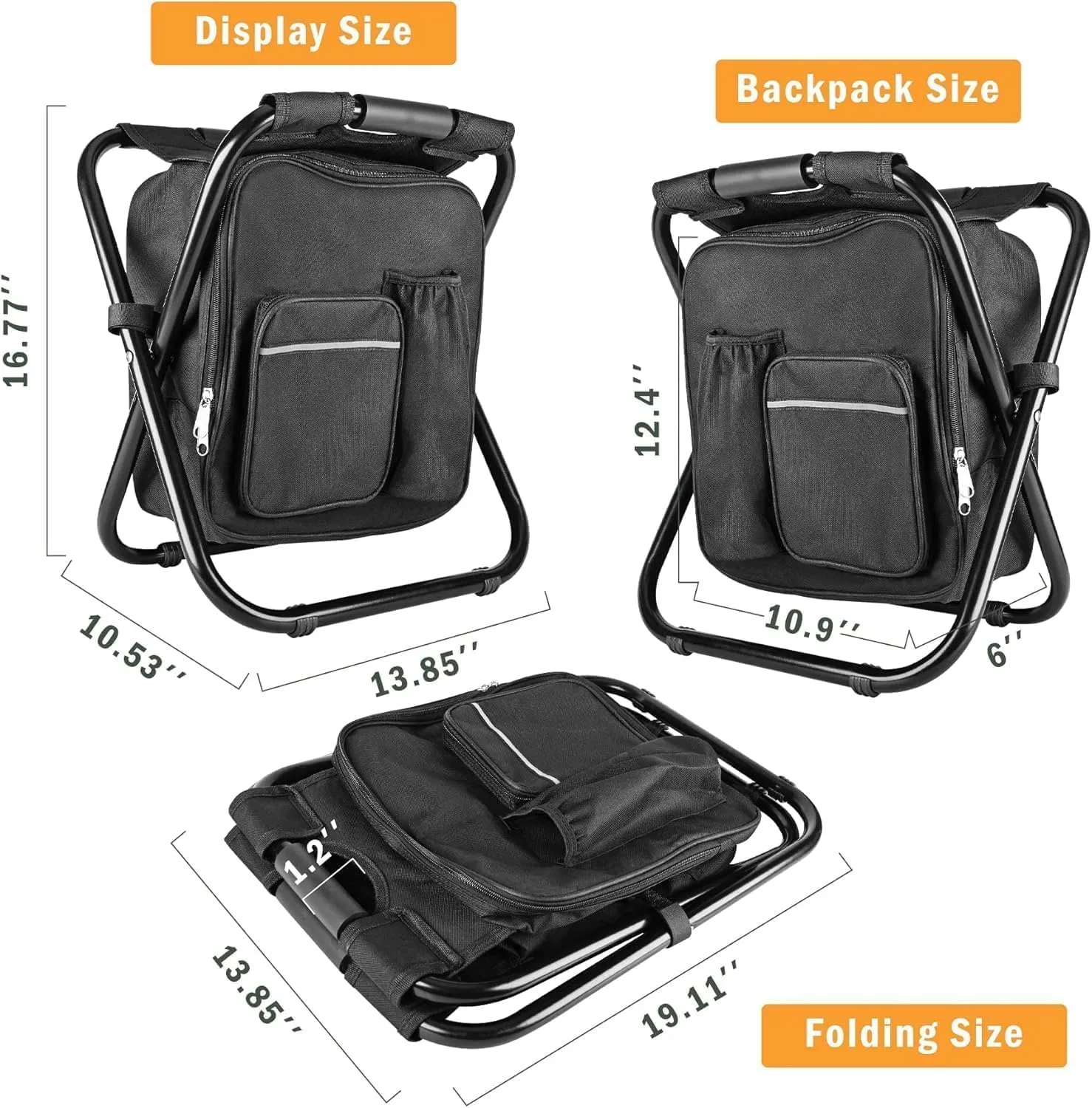 Out&About 3-in-1 Backpack Stool Cooler Chair, 400 LBS Max Load, Portable Folding Fishing Cooler Stool - Black