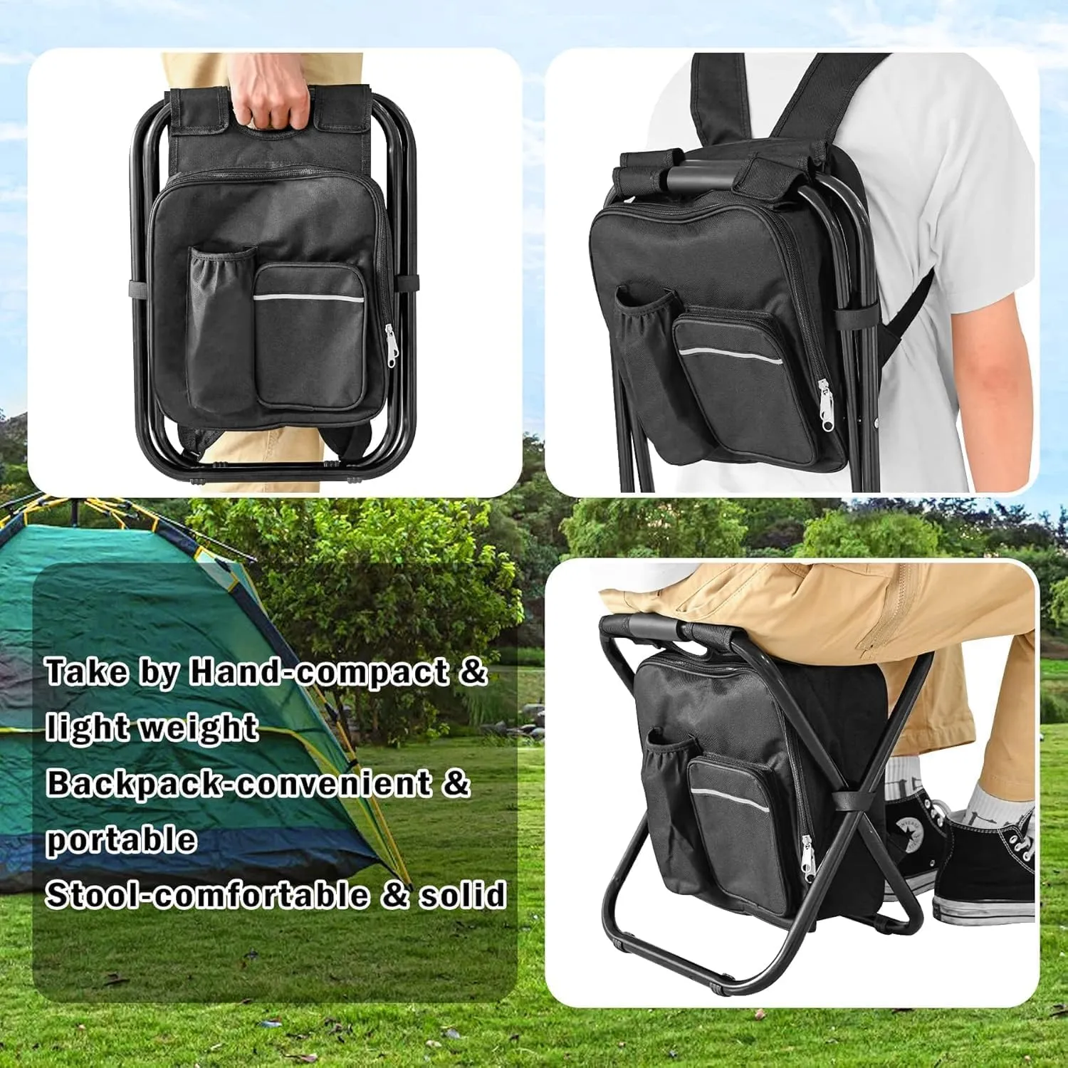 Out&About 3-in-1 Backpack Stool Cooler Chair, 400 LBS Max Load, Portable Folding Fishing Cooler Stool - Black