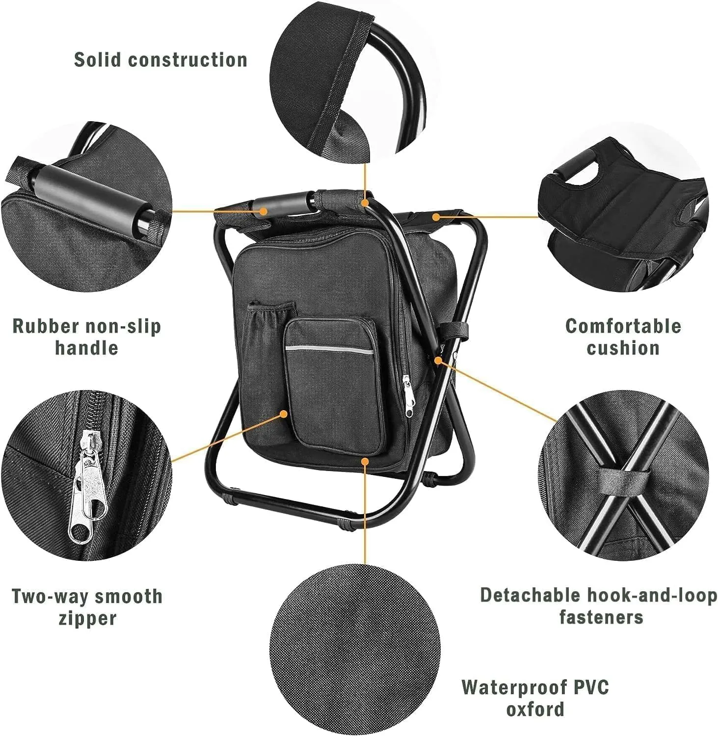 Out&About 3-in-1 Backpack Stool Cooler Chair, 400 LBS Max Load, Portable Folding Fishing Cooler Stool - Black