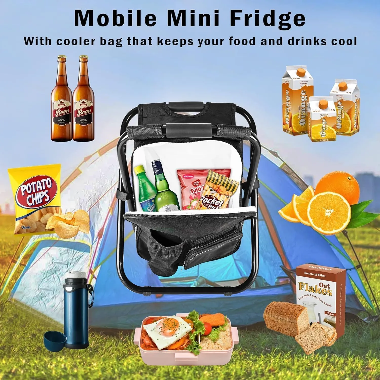 Out&About 3-in-1 Backpack Stool Cooler Chair, 400 LBS Max Load, Portable Folding Fishing Cooler Stool - Black