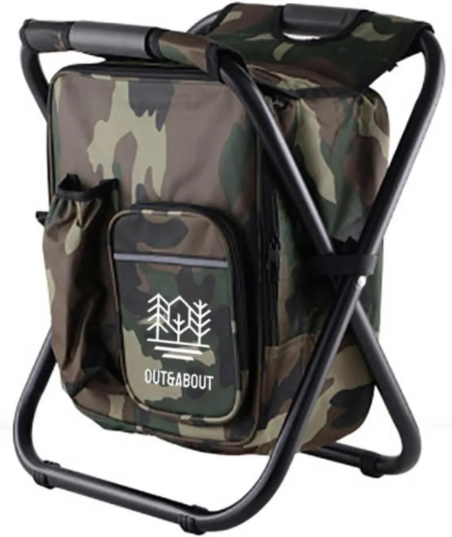 Out&About 3-in-1 Backpack Stool Cooler Chair, 400 LBS Max Load, Portable Folding Fishing Cooler Stool - Camo