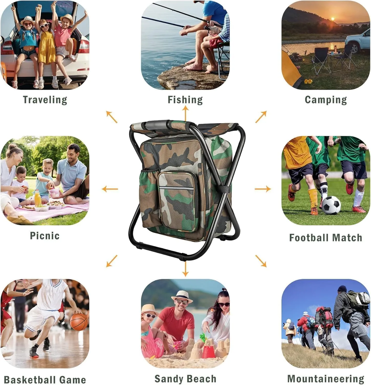 Out&About 3-in-1 Backpack Stool Cooler Chair, 400 LBS Max Load, Portable Folding Fishing Cooler Stool - Camo