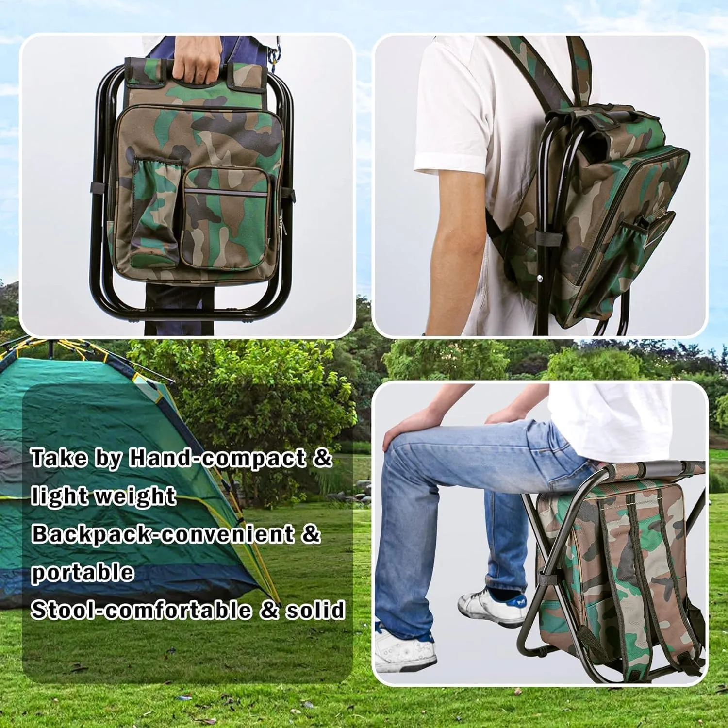 Out&About 3-in-1 Backpack Stool Cooler Chair, 400 LBS Max Load, Portable Folding Fishing Cooler Stool - Camo