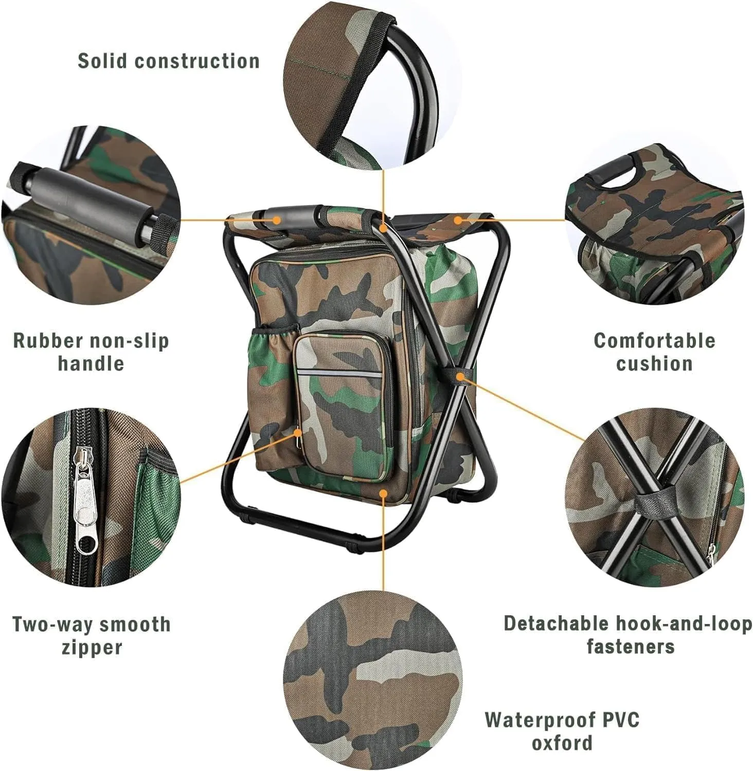 Out&About 3-in-1 Backpack Stool Cooler Chair, 400 LBS Max Load, Portable Folding Fishing Cooler Stool - Camo