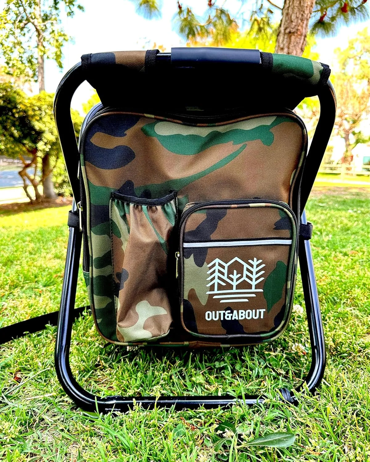 Out&About 3-in-1 Backpack Stool Cooler Chair, 400 LBS Max Load, Portable Folding Fishing Cooler Stool - Camo