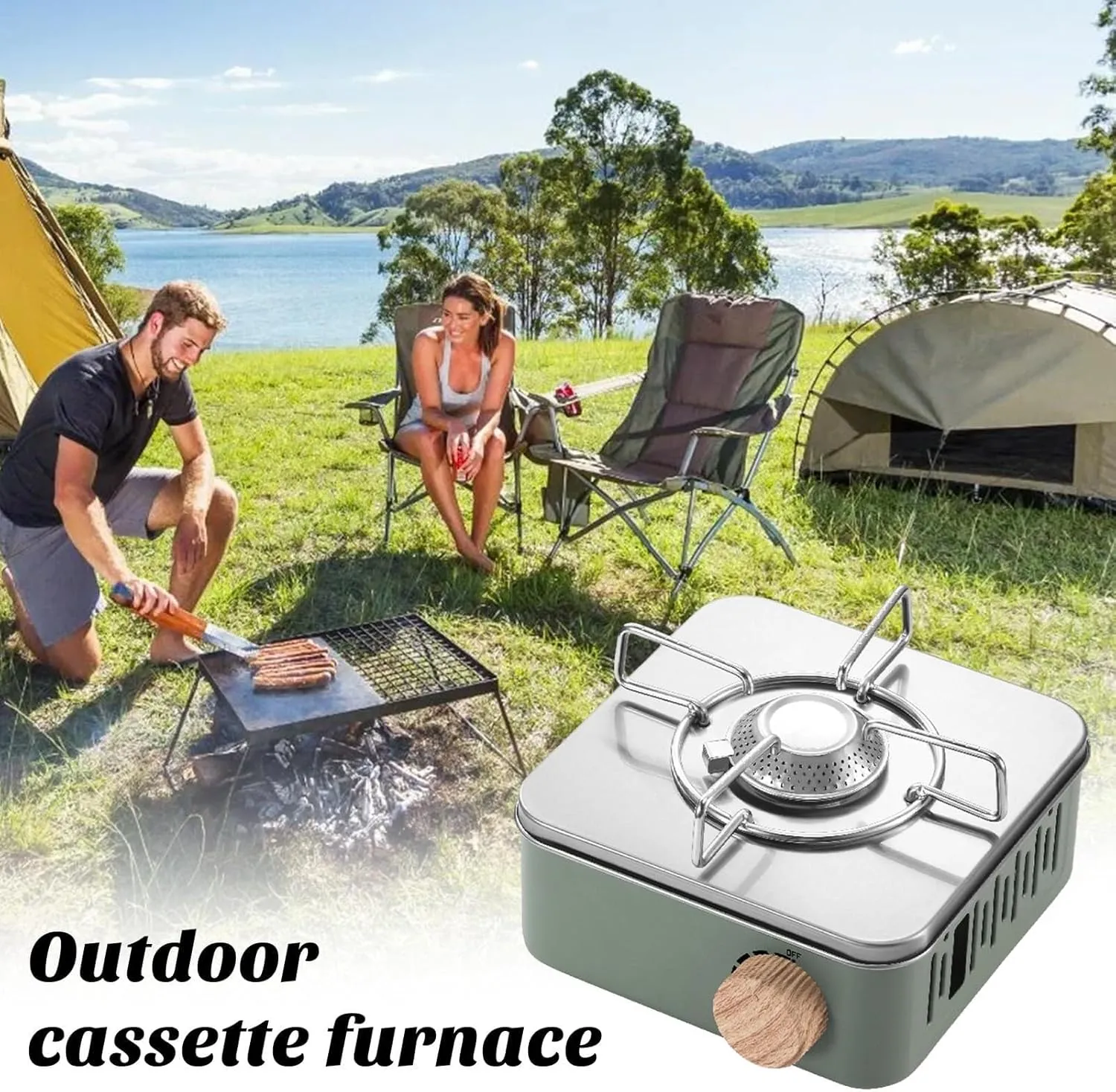 Outdoor Camping Stove, Portable Butane Stove, Stainless Steel Gas Valve Propane Burner Stove for Camping,BBQ,Picnics Hiking,Backpacking,Home Outdoor Cooking Equipment (White)(Green)
