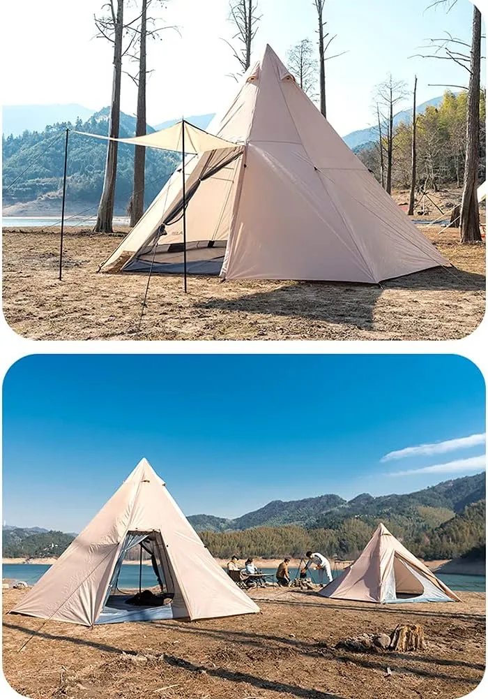 Outdoor Indian Tent Ultralight Teepee Tent Family Pyramid Tent for Backpacking, Camping, Hiking, Bushcraft, Travel, Winter Camping (Khaki 460X460X300CM) (White 340X290X200CM)