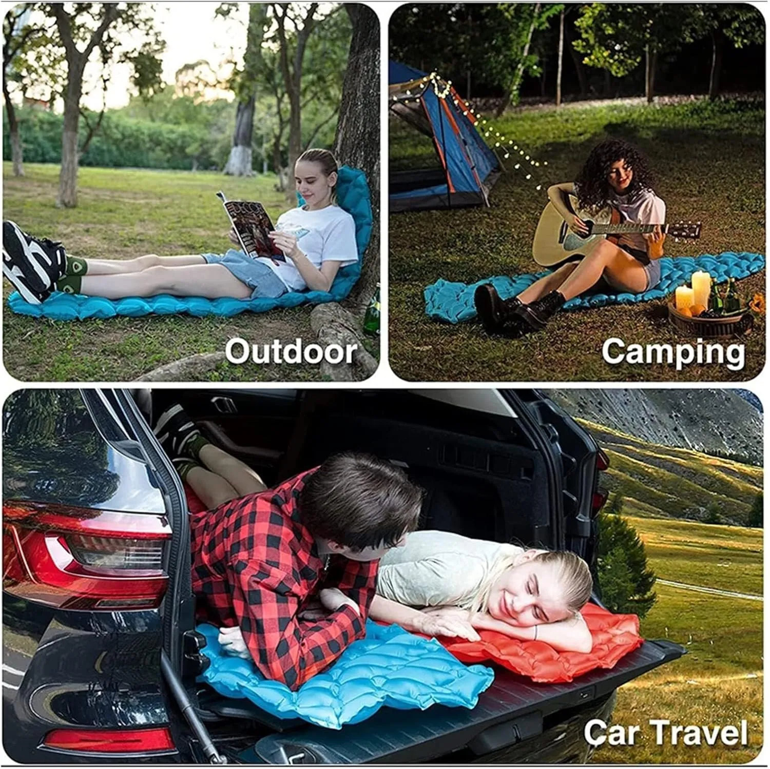 Outdoor Inflatable Sleeping Mat TPU Camping Ultra Light Diamond Portable Mat Beautiful Scenery, One Seat, Royal Blue(Pink)