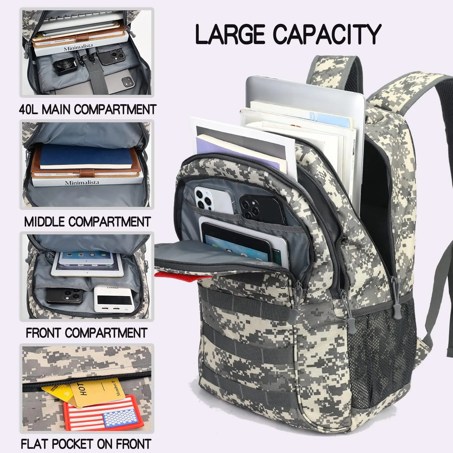 outdoor plus Camo Backpack for Boys,Military Teen Backpack with USB Port, Army Bookbag for School