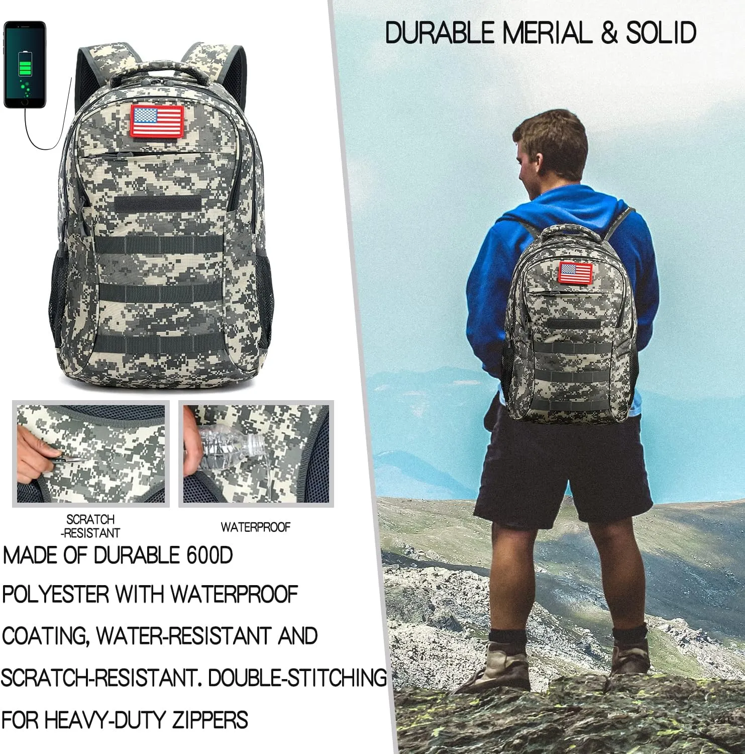 outdoor plus Camo Backpack for Boys,Military Teen Backpack with USB Port, Army Bookbag for School
