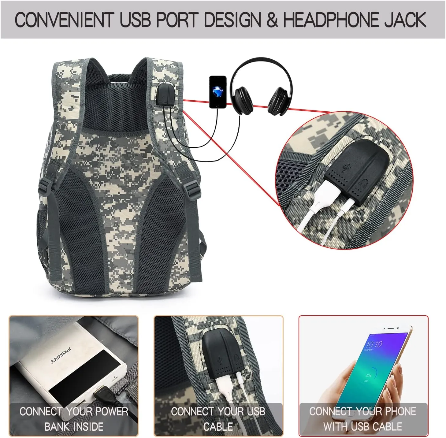 outdoor plus Camo Backpack for Boys,Military Teen Backpack with USB Port, Army Bookbag for School