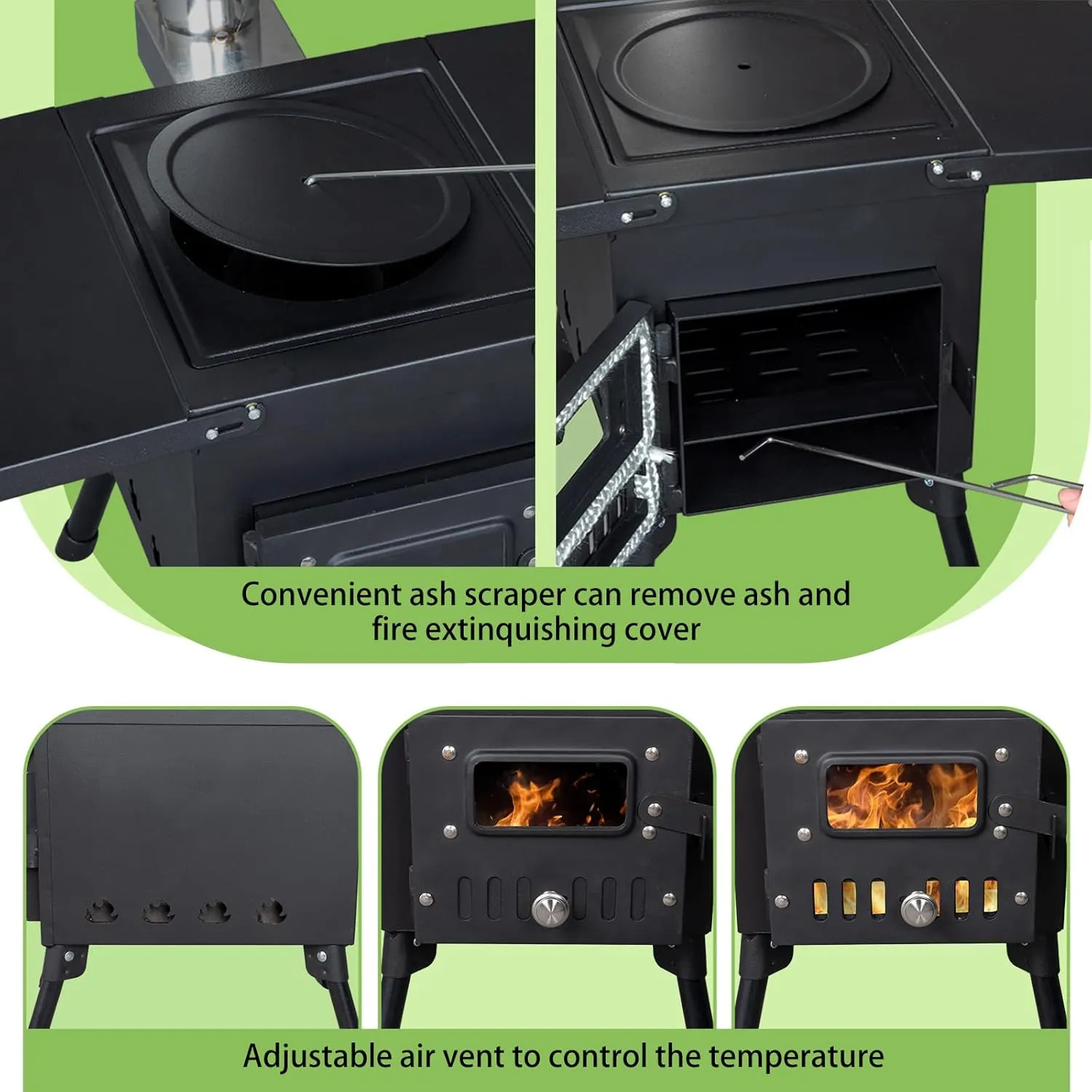 Outdoor Portable Tent Wood Burning Stove,Portable Folding Wood Burning Camping Stove,Firebox Hot Tent Stove,Outdoor Camping Rocket Stove,with Chimney Pipes,for Picnic, Heating and Cooking (Black)