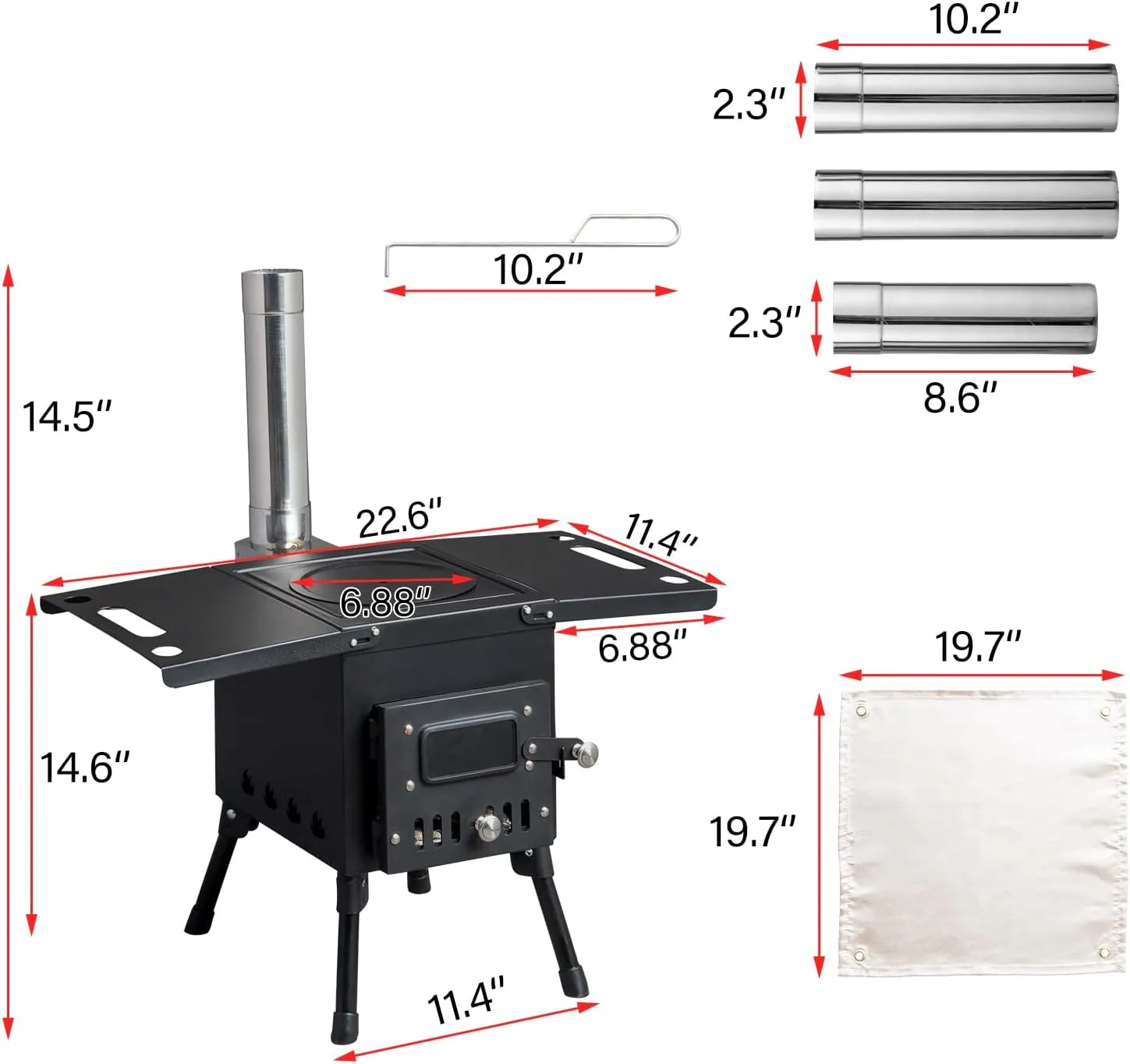 Outdoor Portable Tent Wood Burning Stove,Portable Folding Wood Burning Camping Stove,Firebox Hot Tent Stove,Outdoor Camping Rocket Stove,with Chimney Pipes,for Picnic, Heating and Cooking (Black)