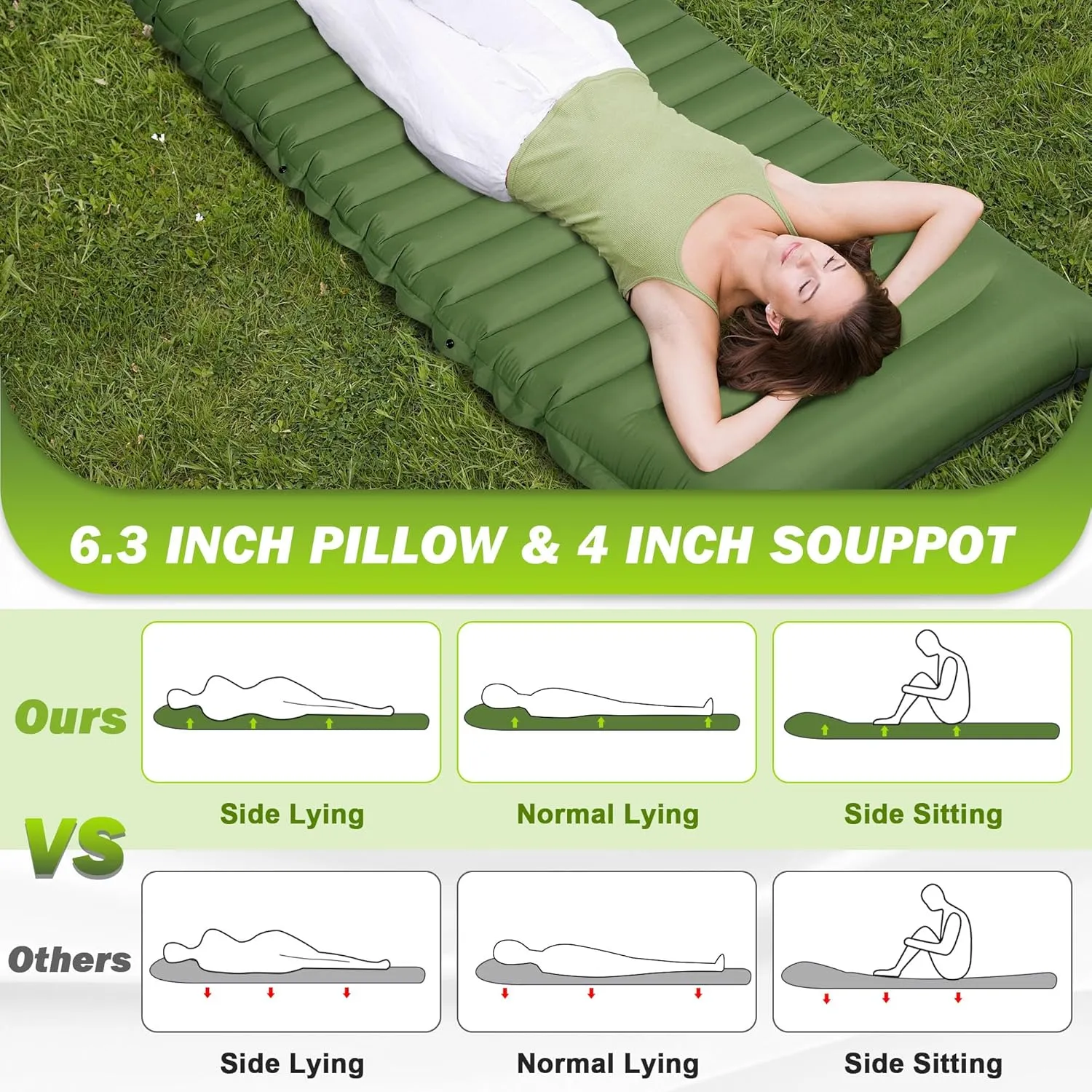 OUTSKIRT Sleeping Pad for Camping with Built-in Foot Pump, 4” Extra Thickness Inflatable Sleeping Pad, Lightweight & Ultra-Comfort Camping Mat for Hiking, Backpacking and Outdoor Adventures, Green