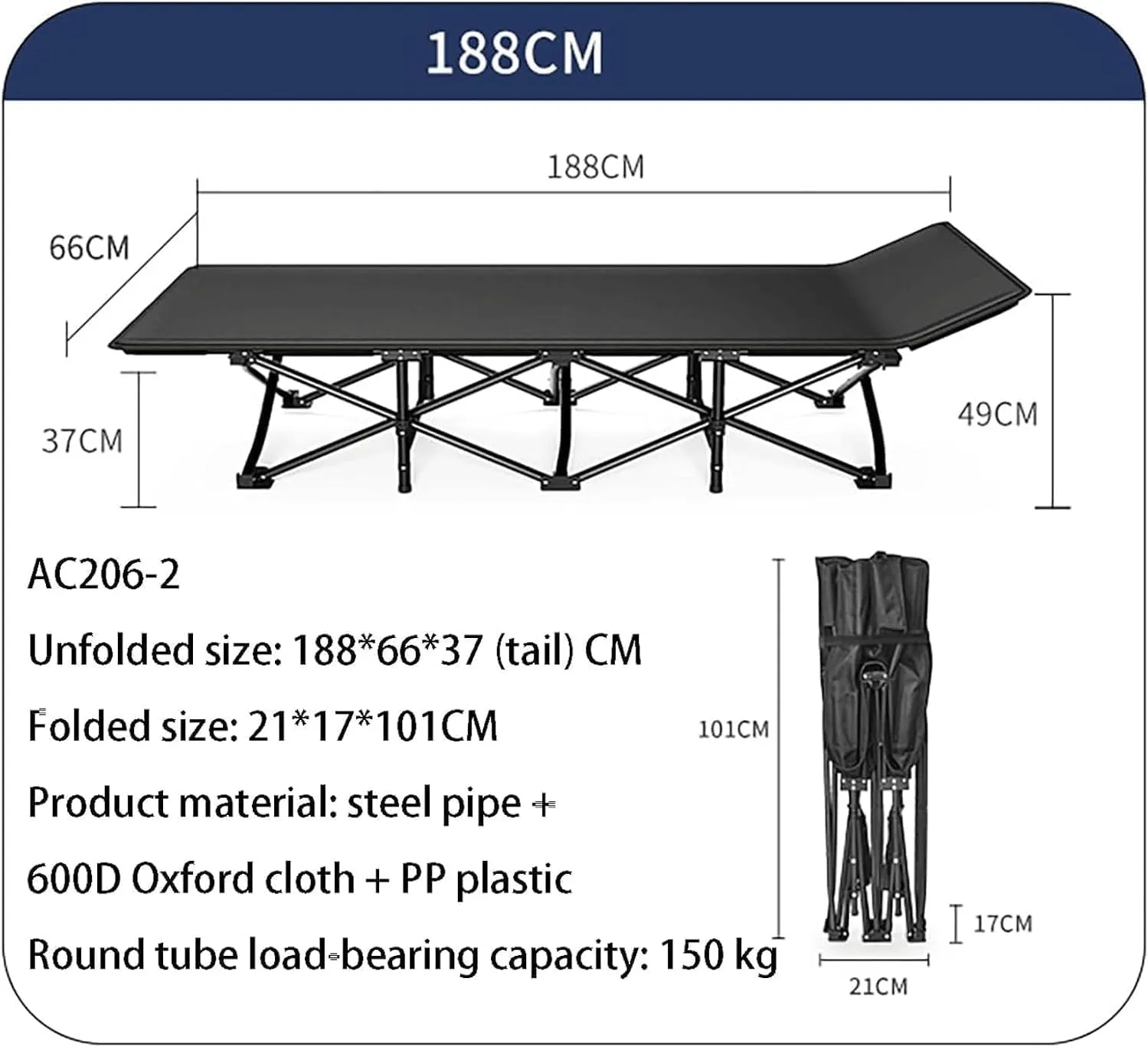 Oxford Fabric Camping Cot for Adults, Folding Cot with Cushion, Tent Cot Load 200KG, Lightweight Portable Folding Bed for Sleeping