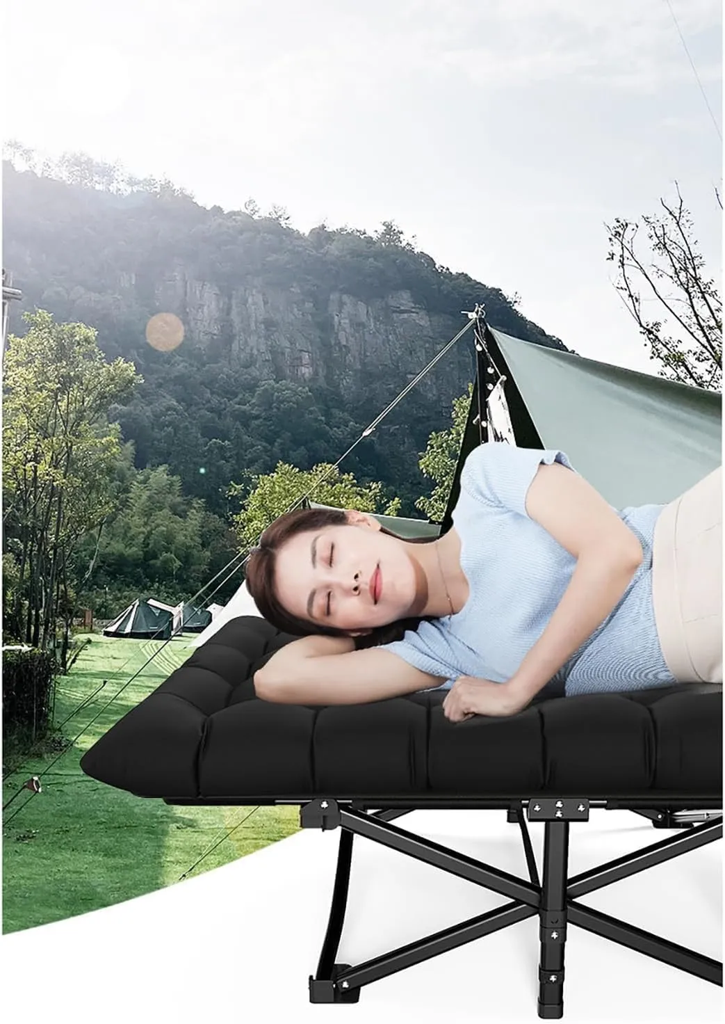 Oxford Fabric Camping Cot for Adults, Folding Cot with Cushion, Tent Cot Load 200KG, Lightweight Portable Folding Bed for Sleeping