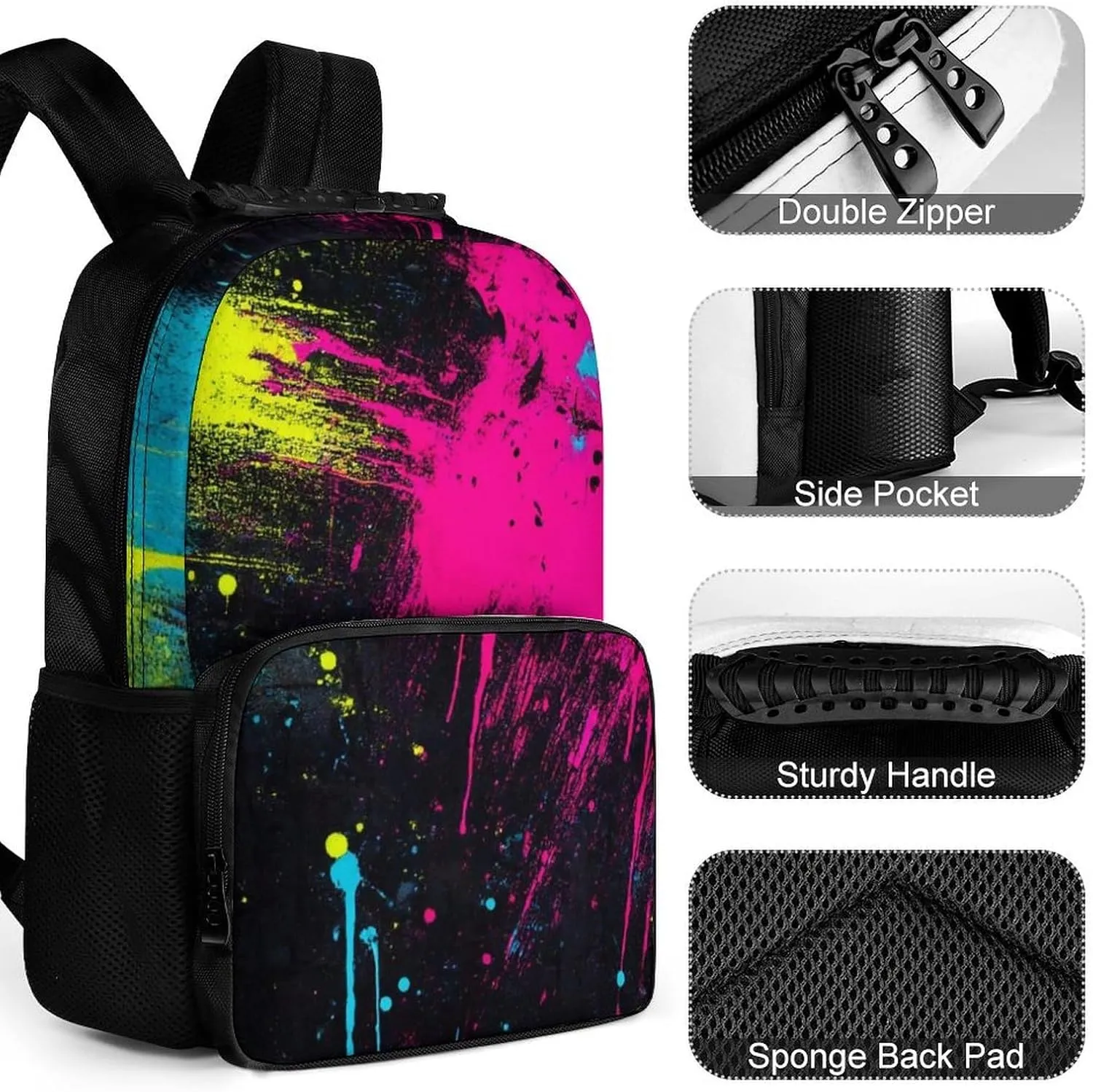 Paint Splatter Dark Colorful Rucksacks Polyester Anti-Theft Multipurpose Carry On Bag Large Capacity Gym Outdoor Hiking Backpack With Smooth Zippers