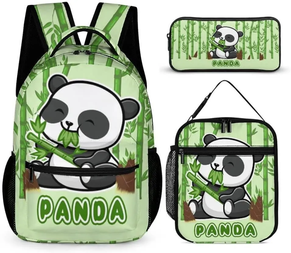 Panda Backpack with Lunch Box & Pencil Case for Kids Girls Boys School, 16 Inch Cute Pandas Bookbag, School Backpack for Students Children, Lightweight, Large Capacity