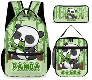 Panda Backpack with Lunch Box & Pencil Case for Kids Girls Boys School, 16 Inch Cute Pandas Bookbag, School Backpack for Students Children, Lightweight, Large Capacity