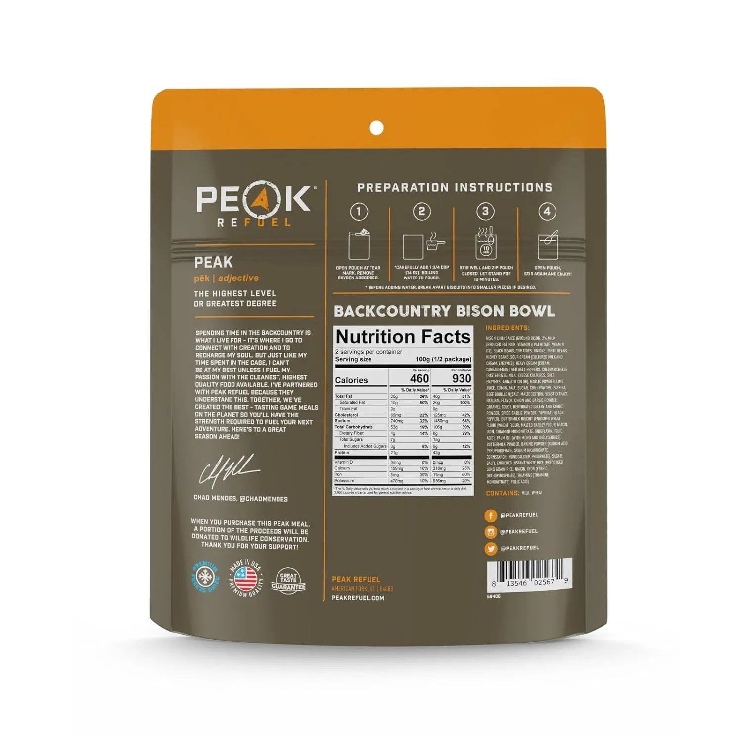 Peak Refuel Backcountry Bison Bowl | Chad Mendes Signature Meal | Premium Freeze-Dried Variety Meals | Hunting, Survival, Camping, Backpacking Food | High-Protein Game Meats | MRE | Made in USA
