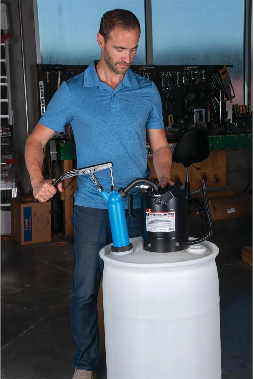 Performance Tool W54268 Blue General Purpose Lever Action Barrel Drum Pump - Fits 5 to 55 Gallon Drums