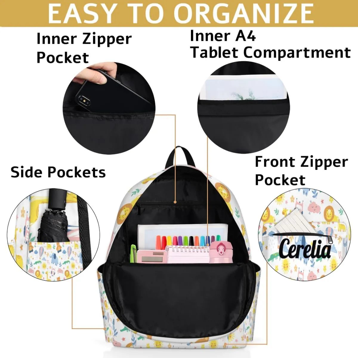 Personalized Girls Backpack for Elementary School, Kids Toddler Cute Lightweight Animal Backpack