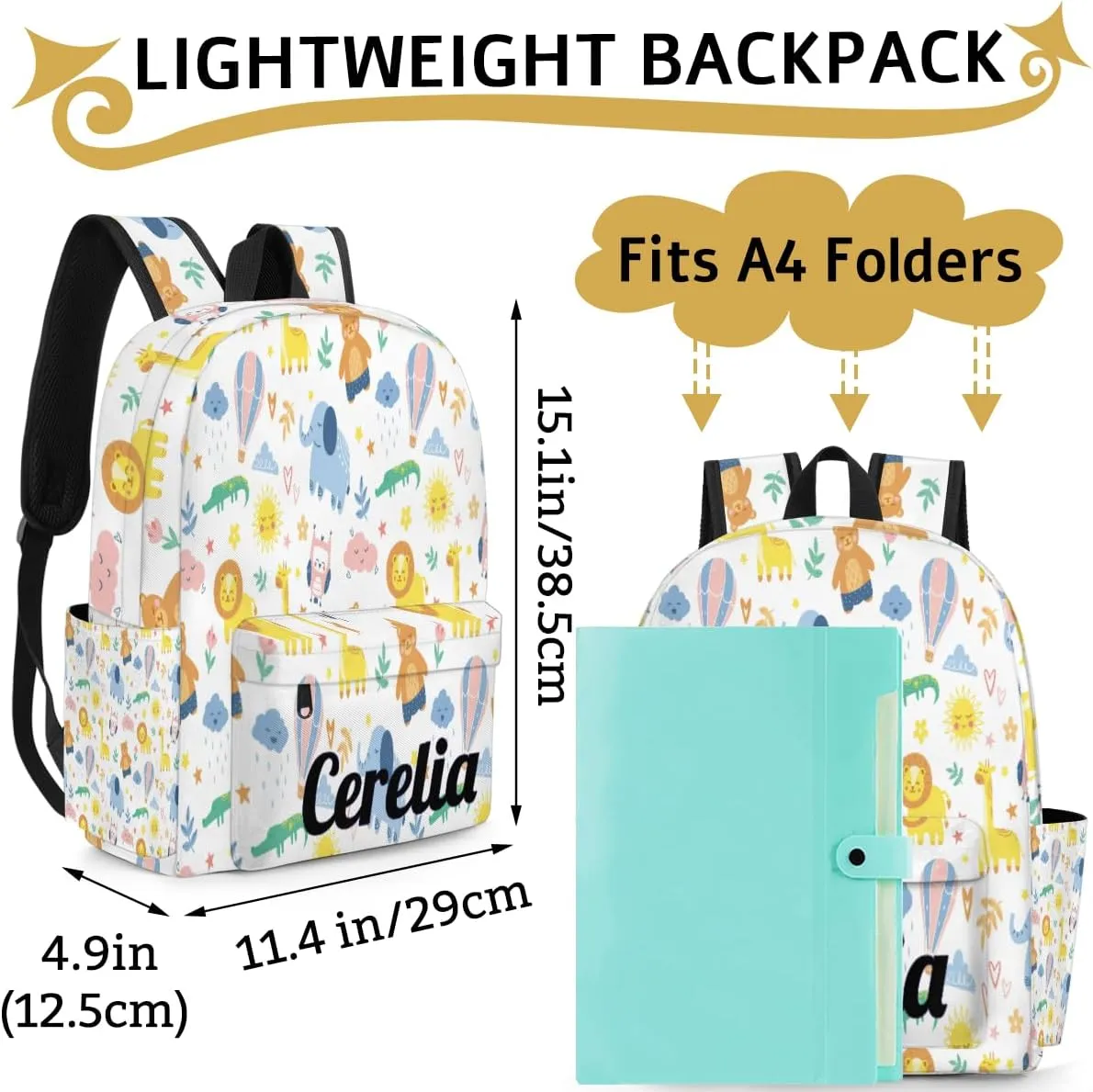 Personalized Girls Backpack for Elementary School, Kids Toddler Cute Lightweight Animal Backpack