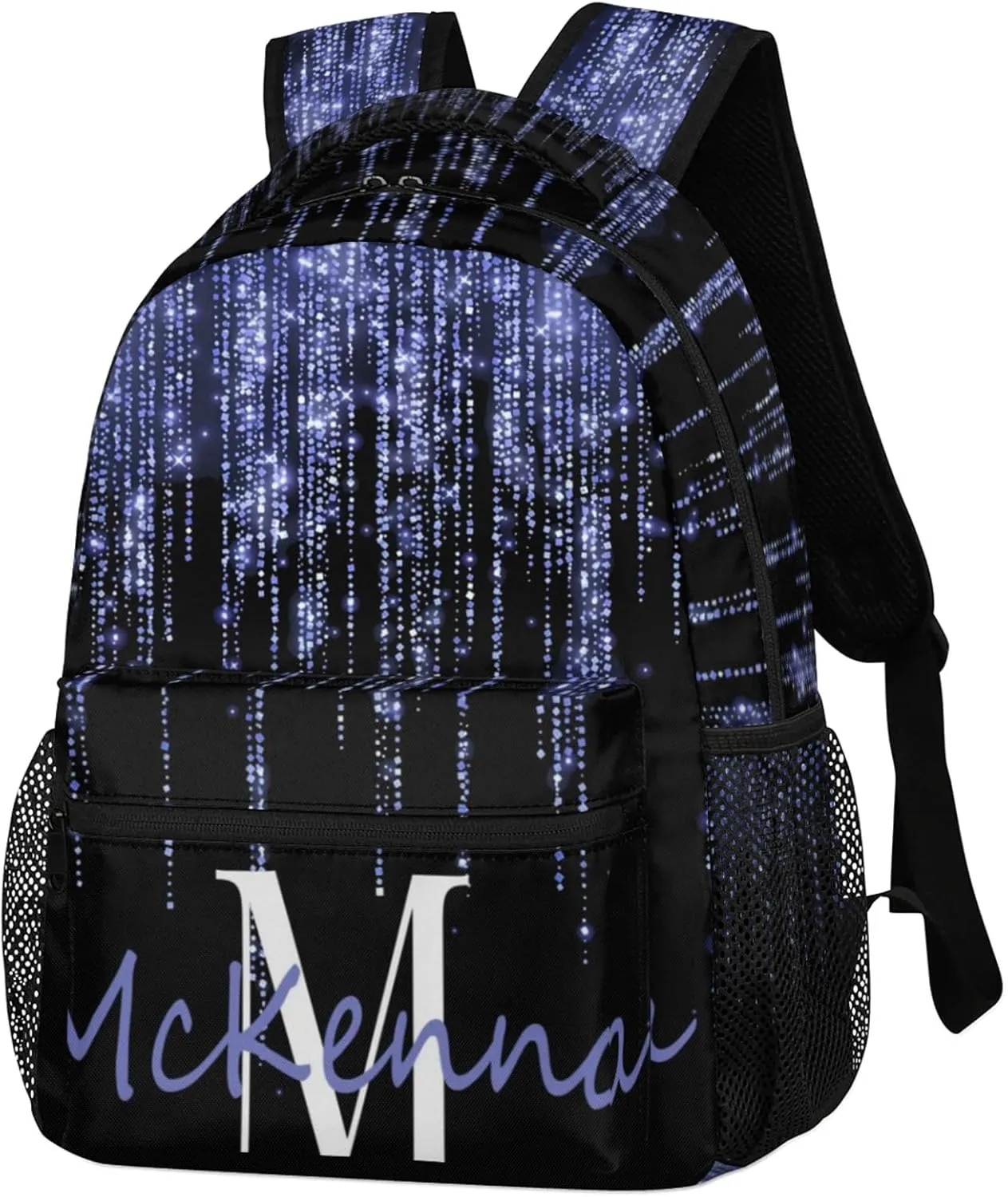 Personalized Initial Letter Dance Backpack Bag Lake Blue Large Daypack Travel Hiking Backpacks for Women, Dream Blue Shiny Bling Glitters